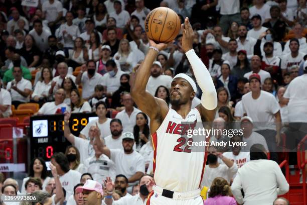 Jimmy Butler of the Miami Heat shoots the ball against the Boston Celtics during the first quarter in Game Seven of the 2022 NBA Playoffs Eastern...