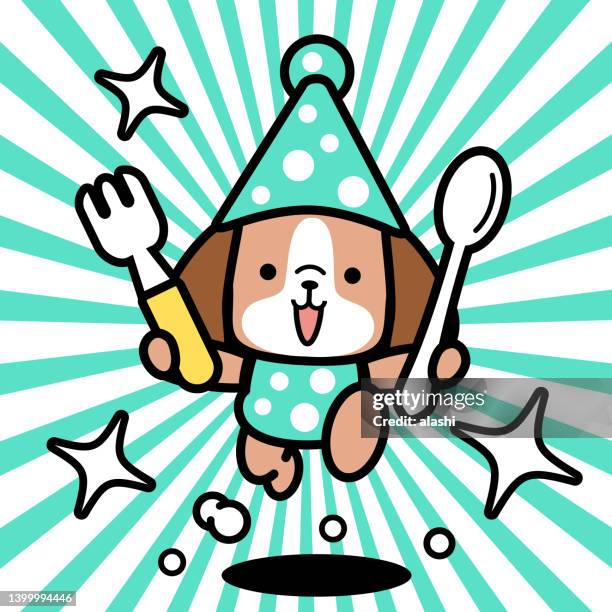 ein süßer hund mit partyhut hält löffel und gabel und rennt auf die kamera zu - hundeknochen stock-grafiken, -clipart, -cartoons und -symbole