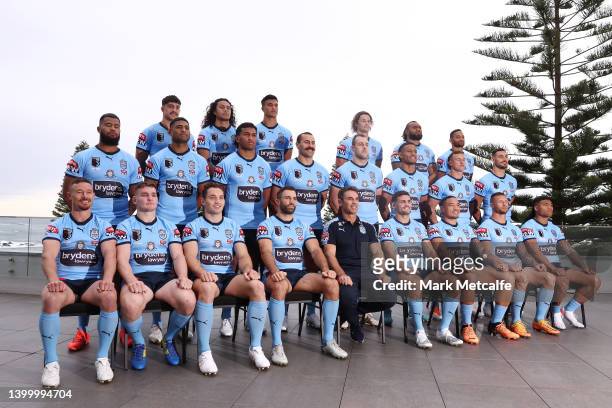The Blues pose for a team photo during a New South Wales Blues State of Origin squad Media Opportunity at Crowne Plaza Coogee on May 30, 2022 in...