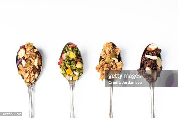 flat lay granola with spoon - chocolate chip stock pictures, royalty-free photos & images