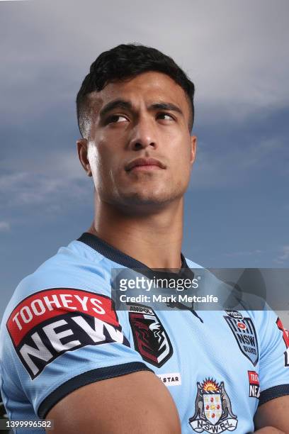 Joseph Suaalli poses during a New South Wales Blues State of Origin squad Media Opportunity at Crowne Plaza Coogee on May 30, 2022 in Sydney,...