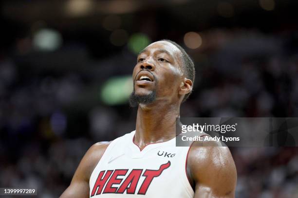 Bam Adebayo of the Miami Heat reacts against the Boston Celtics during the third quarter in Game Seven of the 2022 NBA Playoffs Eastern Conference...