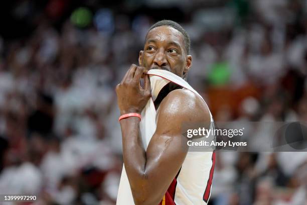 Bam Adebayo of the Miami Heat reacts against the Boston Celtics during the third quarter in Game Seven of the 2022 NBA Playoffs Eastern Conference...