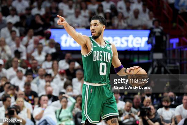 Jayson Tatum of the Boston Celtics points against the Miami Heat during the third quarter in Game Seven of the 2022 NBA Playoffs Eastern Conference...