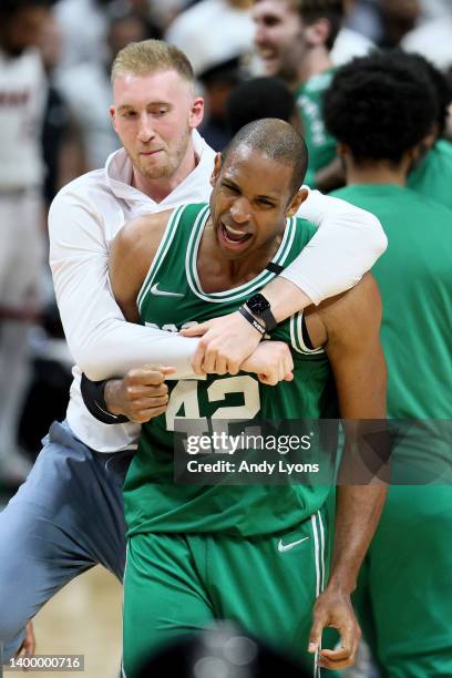 Al Horford of the Boston Celtics celebrates after defeating the Miami Heat with a score of 100 to 96 in Game Seven to win the 2022 NBA Playoffs...