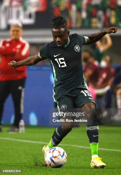 Moses Daddy Simon of Nigeria controls the ball against Mexico in the second half of a 2022 International Friendly match at AT&T Stadium on May 28,...