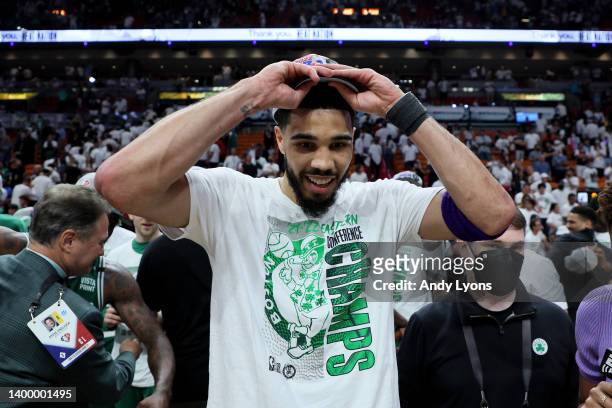 Jayson Tatum of the Boston Celtics celebrates after defeating the Miami Heat with a score of 100 to 96 in Game Seven to win the 2022 NBA Playoffs...