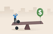 Financial rebalancing to solve the inflation crisis. Issuing a policy to adjust interest rates. Monetary policy for  maintain economic stability. A businessman stands on a seesaw and an iron pendulum to weigh the weight from an air balloon.