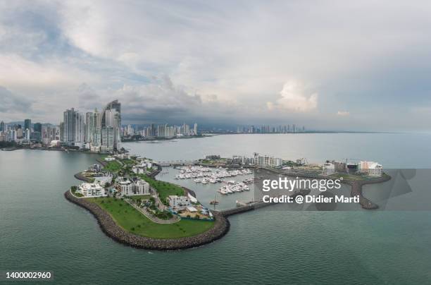 panama city: aerial view of the marina and punta pacifica - newly industrialized country stock pictures, royalty-free photos & images