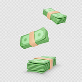 Stack of money. Green dollar bundle. Paper Currency in cartoon realistic style