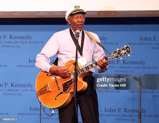 Honoree Chuck Berry performs "Johnny B. Goode" in lieu of giving an acceptance speech at the 2012 Awards for Lyrics of Literary Excellence at The...