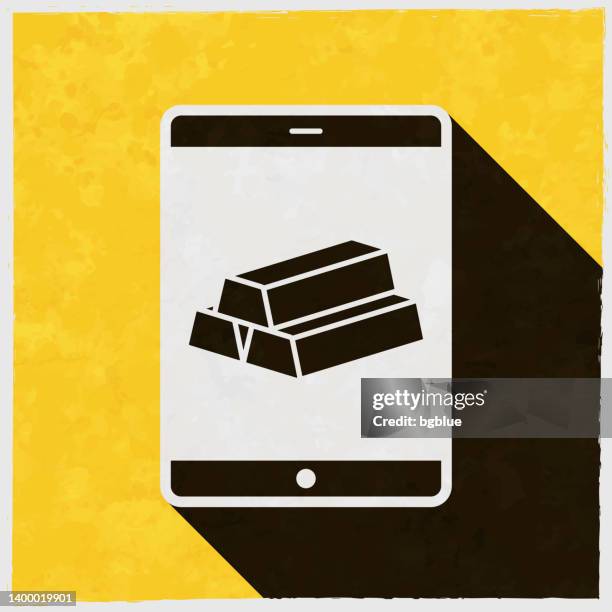 tablet pc with gold bars. icon with long shadow on textured yellow background - phone screen texture stock illustrations