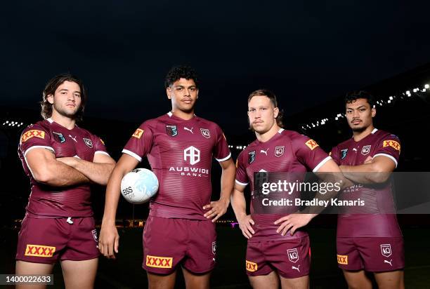 Debutants Patrick Carrigan, Selwyn Cobbo, Reuben Cotter and Jeremiah Nanai pose for a photo during a Queensland Maroons State of Origin squad media...