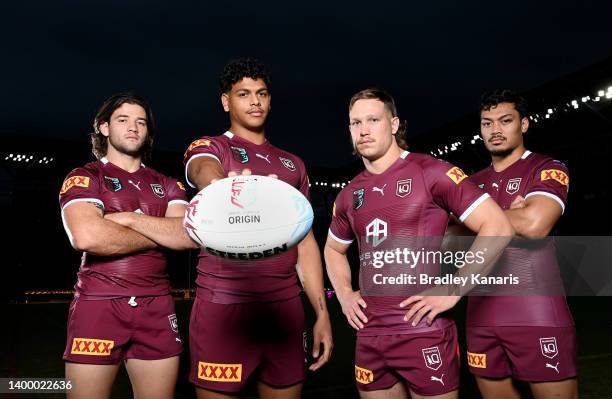 Debutants Patrick Carrigan, Selwyn Cobbo, Reuben Cotter and Jeremiah Nanai pose for a photo during a Queensland Maroons State of Origin squad media...