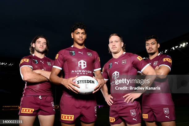 Debutants Patrick Carrigan, Selwyn Cobbo, Reuben Cotter and Jeremiah Nanai pose for a photo during a Queensland Maroons State of Origin squad media...