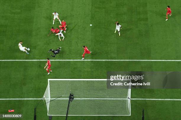 Karim Benzema of Real Madrid scores a goal which was later disallowed by VAR for offside during the UEFA Champions League final match between...