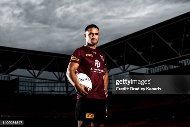 Valentine Holmes poses for a photo during a Queensland Maroons State of Origin squad media opportunity at Suncorp Stadium on May 30, 2022 in...