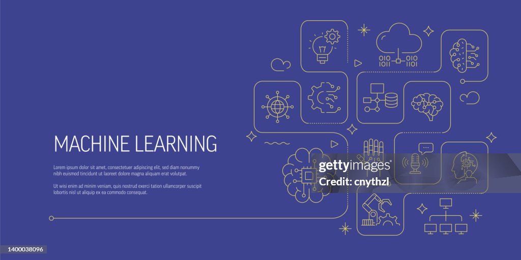 Machine Learning Related Vector Banner Design Konzept, Moderner Linienstil mit Icons