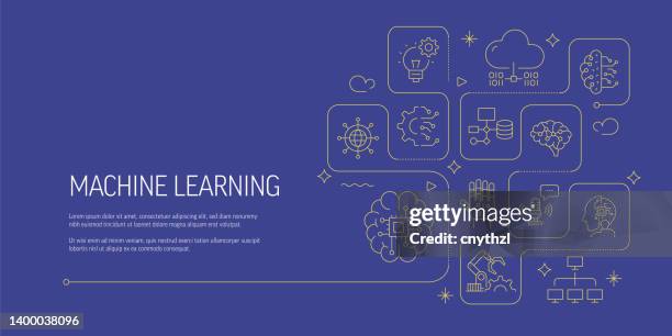 machine learning related vector banner design concept, modern line style with icons - machine learning stock illustrations