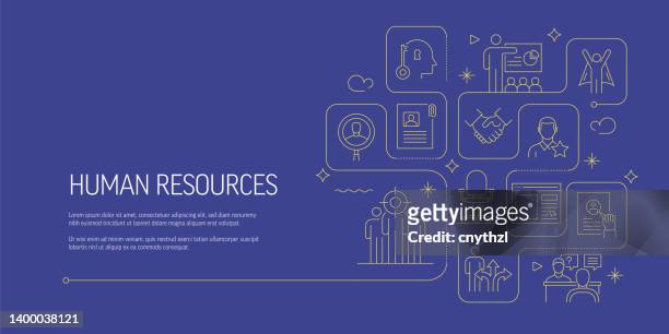 human resources related vector banner design concept, modern line style with icons - development stock illustrations