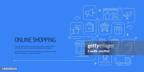 ilustraciones, imágenes clip art, dibujos animados e iconos de stock de concepto de diseño de banner vectorial relacionado con compras en línea, estilo de línea moderno con iconos - compras desde casa ilustraciones de stock