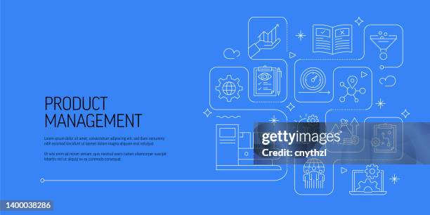 product management related vector banner design concept, modern line style with icons - inventory management system stock illustrations