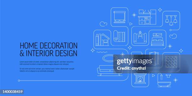 home decoration and interior design related vector banner design concept, modern line style with icons - empty dining table stock illustrations