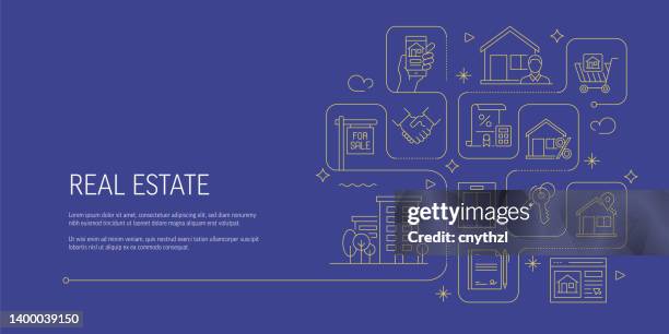 real estate related vector banner design concept, modern line style with icons - selling stock illustrations