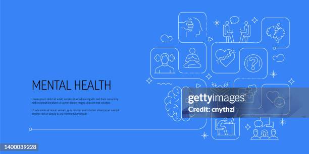 stress, depressionen, psychische gesundheit bezogenes vektorbanner-design-konzept, moderner linienstil mit icons - geistige gesundheit stock-grafiken, -clipart, -cartoons und -symbole