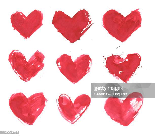 ilustraciones, imágenes clip art, dibujos animados e iconos de stock de conjunto de 9 corazones pintados a mano por tinta roja sobre fondo de papel de acuarela blanca - objeto aislado hermoso y desordenado desigual con bordes irregulares pigmentos e imperfecciones distribuidos de manera desigual - ilustración vectorial - ilus - desigual con textura