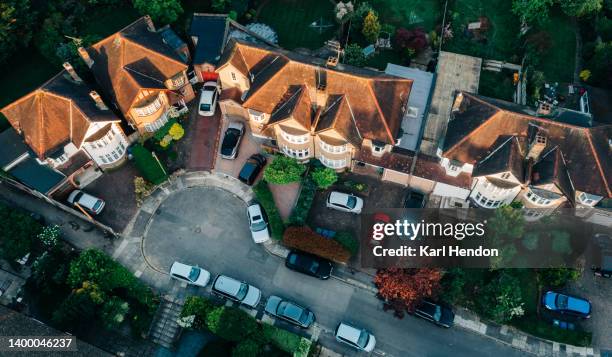 an aerial view of suburban streets in north london - cul de sac stock pictures, royalty-free photos & images