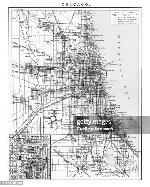 old lithograph map of chicago, usa - chicago black and white stock pictures, royalty-free photos & images