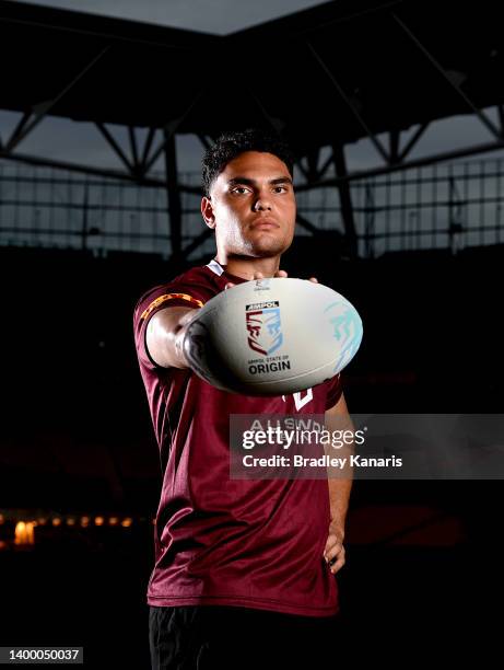 Xavier Coates poses for a photo during a Queensland Maroons State of Origin squad media opportunity at Suncorp Stadium on May 30, 2022 in Brisbane,...