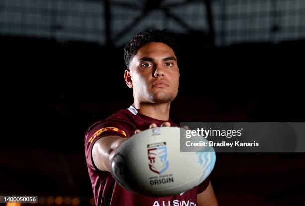 Xavier Coates poses for a photo during a Queensland Maroons State of Origin squad media opportunity at Suncorp Stadium on May 30, 2022 in Brisbane,...