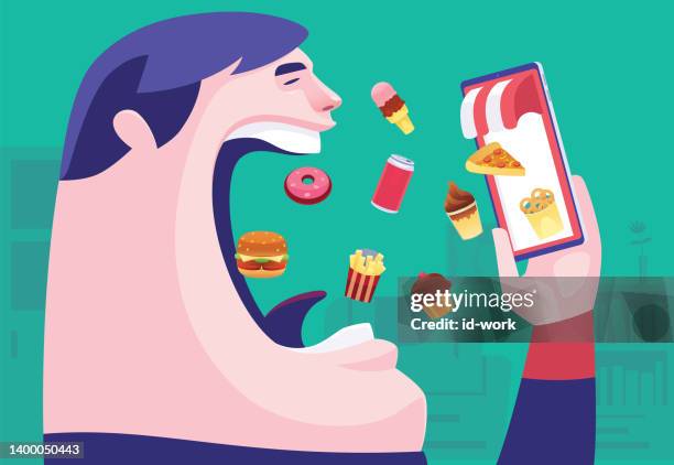 illustrations, cliparts, dessins animés et icônes de gros homme mangeant de la malbouffe avec smartphone - convenience