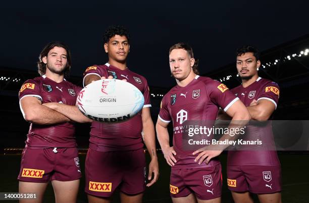 Debutants Patrick Carrigan, Selwyn Cobbo, Reuben Cotter and Jeremiah Nanai pose for a photoduring a Queensland Maroons State of Origin squad media...