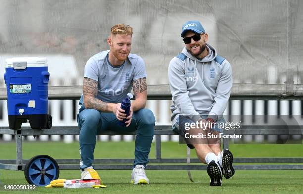 England captain Ben Stokes shares a joke with new head coach Brendon McCullum during an England nets session ahead of the test series against New...