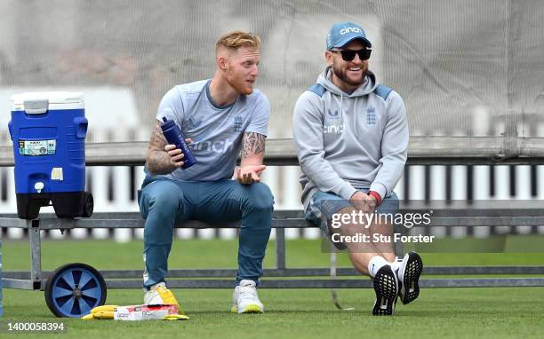 England captain Ben Stokes shares a joke with new head coach Brendon McCullum during an England nets session ahead of the test series against New...