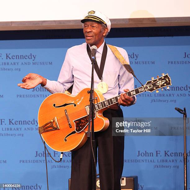 Honoree Chuck Berry performs "Johnny B. Goode" in lieu of an acceptance speech at the 2012 Awards for Lyrics of Literary Excellence at The John F....