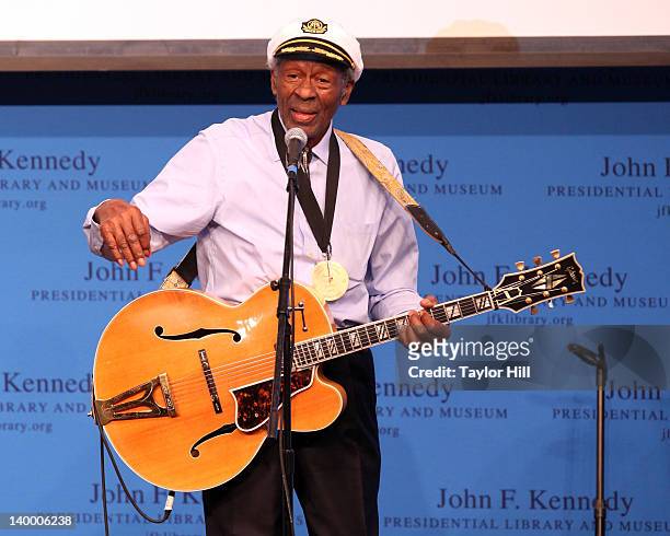 Honoree Chuck Berry performs "Johnny B. Goode" in lieu of an acceptance speech at the 2012 Awards for Lyrics of Literary Excellence at The John F....