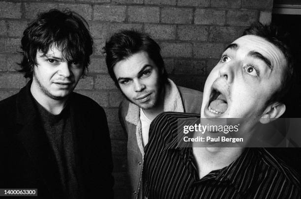 Portrait of British alternative rock band Supergrass. Left to right bassist Mick Quinn, lead singer and guitarist Gaz Coombes and drummer Danny...