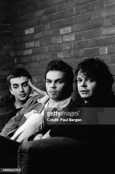Portrait of British alternative rock band Supergrass. Left to right drummer Danny Goffey, lead singer and guitarist Gaz Coombes and bassist Mick...