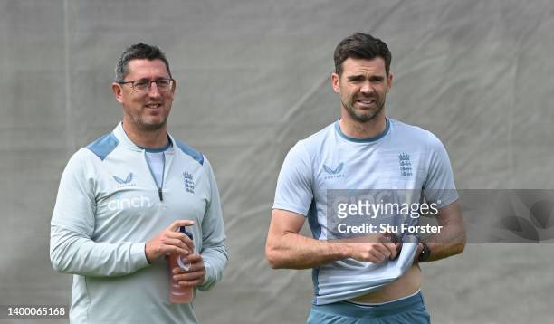 England bowler James Anderson with bowling coach Jon Lewis during an England nets session ahead of the test series against New Zealand at Lord's...