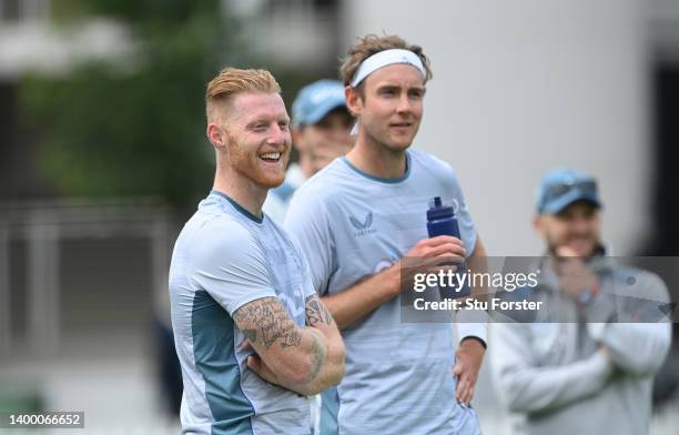 England captain Ben Stokes shares a joke as Stuart Broad looks on during an England nets session ahead of the test series against New Zealand at...