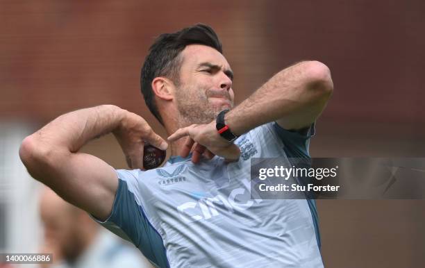 England bowler James Anderson in bowling action during an England nets session ahead of the test series against New Zealand at Lord's Cricket Ground...