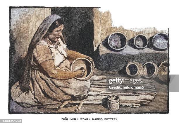 old engraving illustration of zuni indian woman making pottery - anasazi stock pictures, royalty-free photos & images