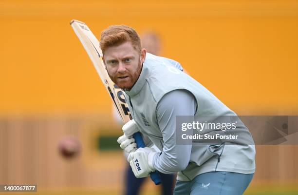 England batsman Jonny Bairstow in batting action during an England nets session ahead of the test series against New Zealand at Lord's Cricket Ground...