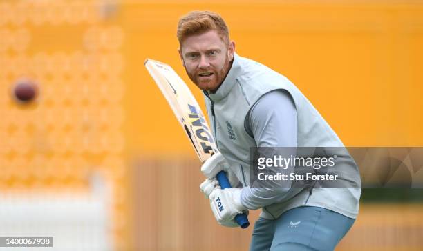 England batsman Jonny Bairstow in batting action during an England nets session ahead of the test series against New Zealand at Lord's Cricket Ground...