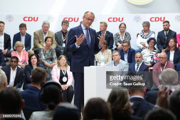 Friederich Merz, head of the German Christian Democrats political party, speaks at a gathering of party members over the formulation of a new...