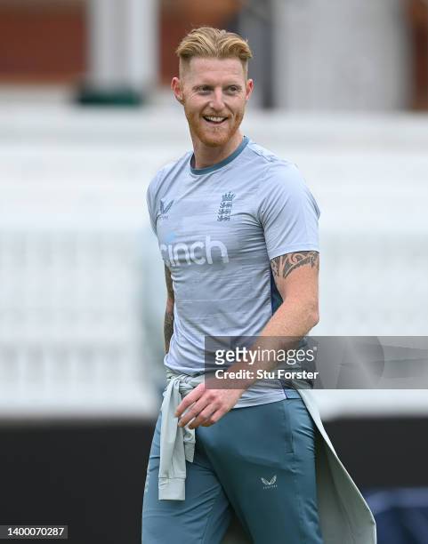 England captain Ben Stokes smiles during fielding practice during an England nets session ahead of the test series against New Zealand at Lord's...